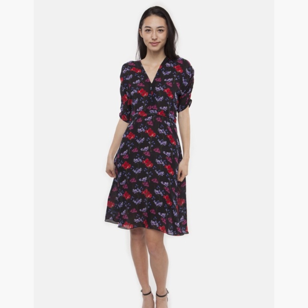 Tucker Black Floral V-Neck Midi Dress with Red and Purple Blooms